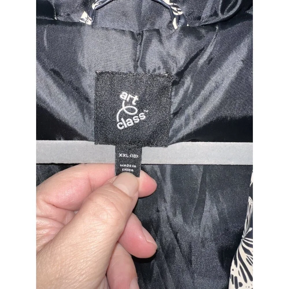 ART CLASS Black Hooded Butterflies Print Rain Jacket Sz 18 Girls Full Zip
